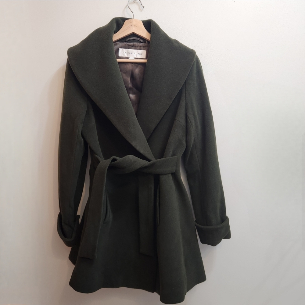 Trina Turk Ali Wrap Coat Size 8 in Dark Green Wool Blend
